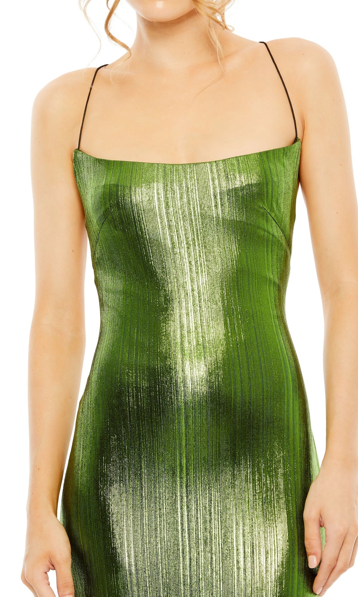 A person models the Mac Duggal 27061 Strappy-Back Metallic Prom Gown in shiny green with thin black straps against a plain white background.